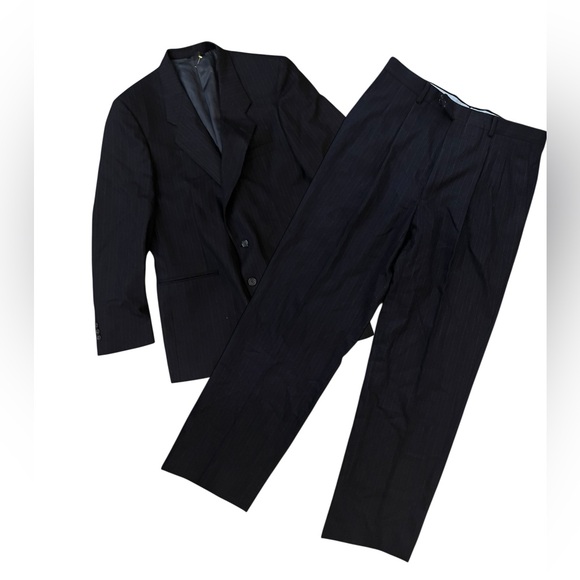 Vtg 80s 90s Tallia Pinstripe Wool Two Piece Suit Midnight Navy 40R 32x30.75 - Picture 1 of 10